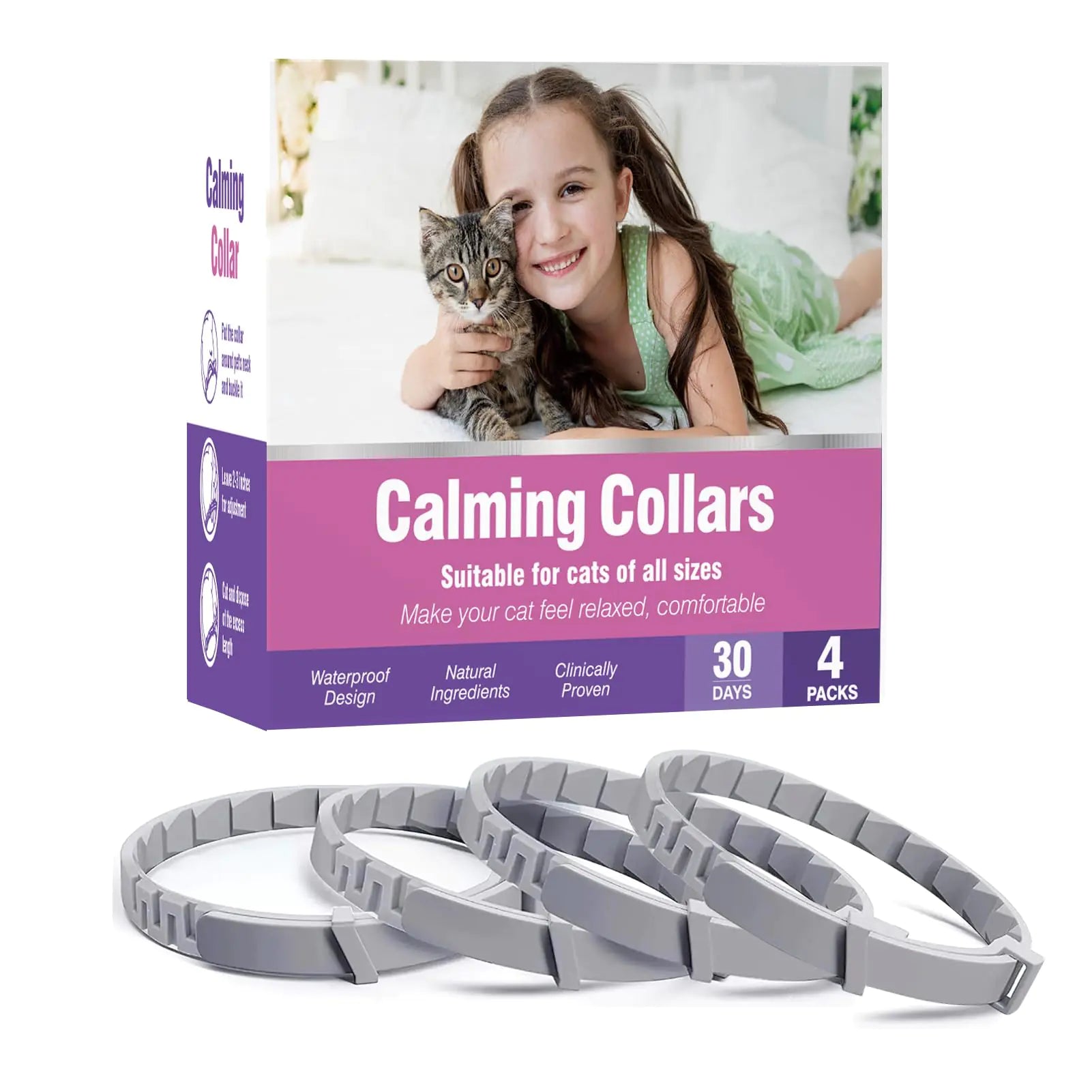 Calming Collar for Cat 4 Pack Calming Cat Collars Adjustable featuring four collars and packaging with a girl and a cat.