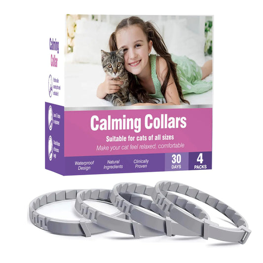 Calming Collar for Cat 4 Pack Calming Cat Collars Adjustable with packaging and collars displayed.